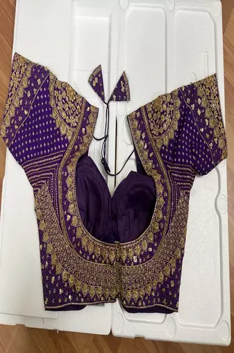 Deep purple silk blouse with heavy gold zari & sequin work