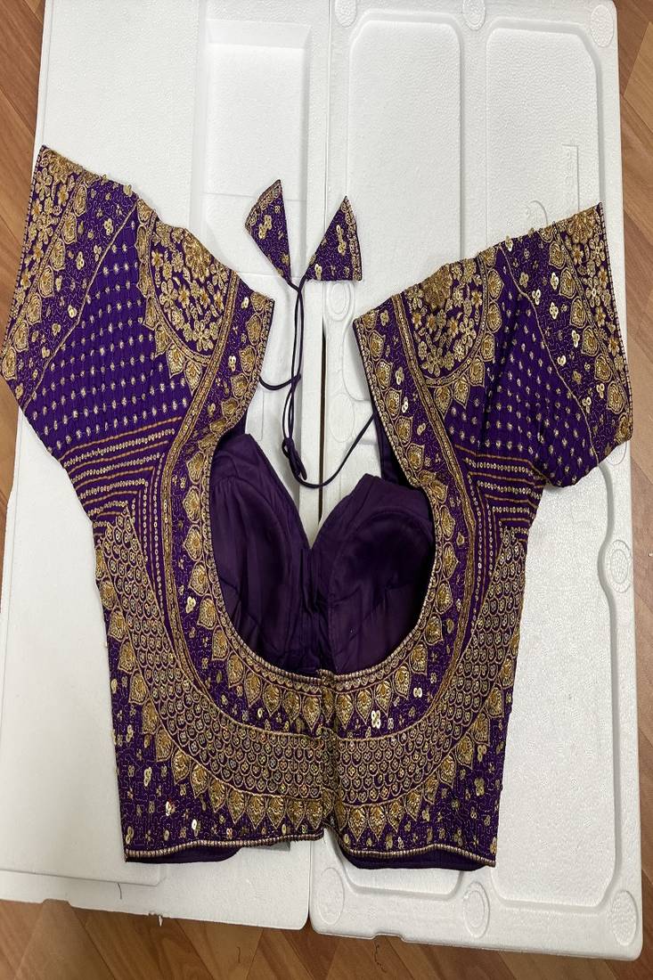 Deep purple silk blouse with heavy gold zari & sequin work