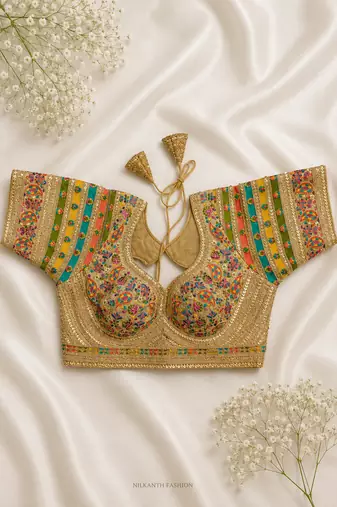Gold silk blouse with multi-color paisley embroidery & panel sleeves