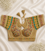 Gold silk blouse with multi-color paisley embroidery & panel sleeves