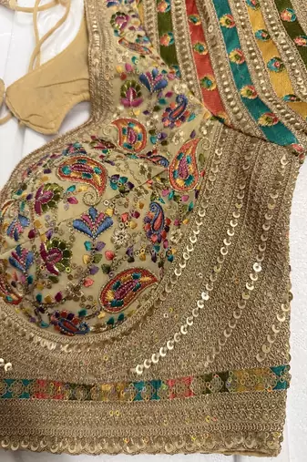 Gold silk blouse with multi-color paisley embroidery & panel sleeves
