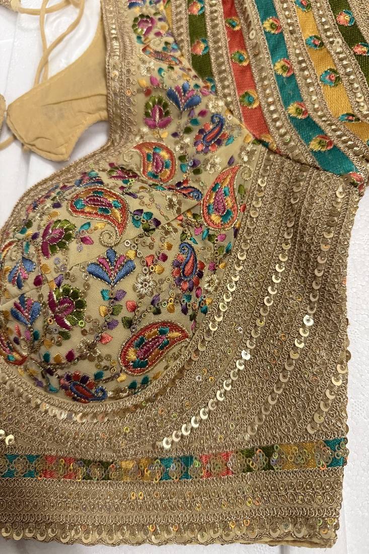 Gold silk blouse with multi-color paisley embroidery & panel sleeves