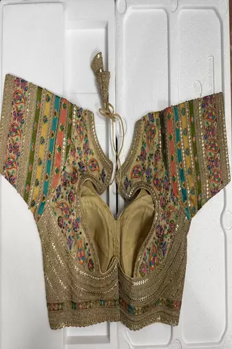 Gold silk blouse with multi-color paisley embroidery & panel sleeves