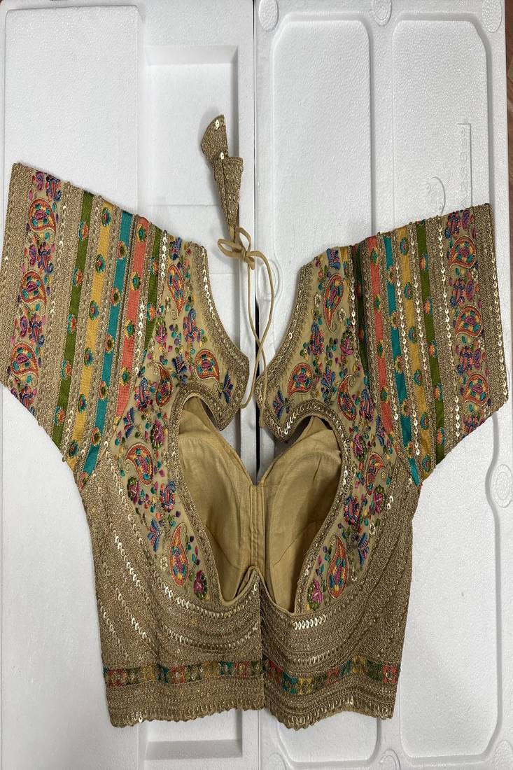 Gold silk blouse with multi-color paisley embroidery & panel sleeves