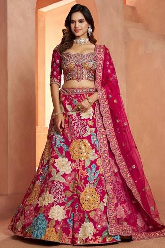 Glamorous Lehenga with All-Over Mirror Embellishments & Floral Artistry