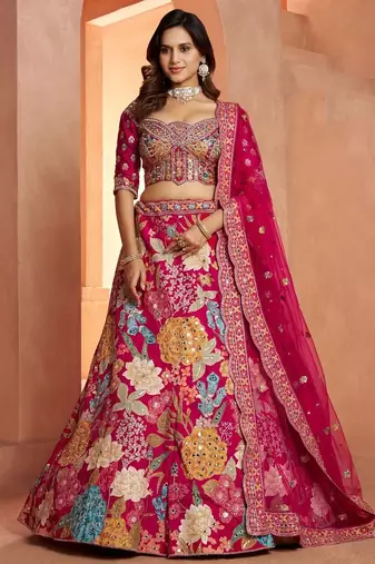 Glamorous Lehenga with All-Over Mirror Embellishments & Floral Artistry