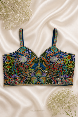 Navy blue silk bustier blouse with heavy sequin & resham embroidery 1