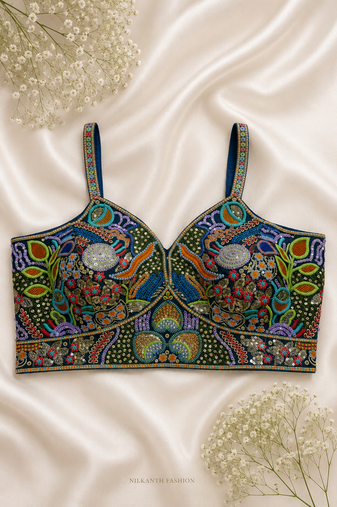 Navy blue silk bustier blouse with heavy sequin & resham embroidery