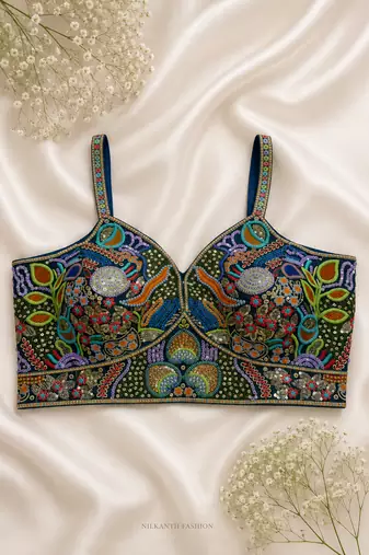Navy blue silk bustier blouse with heavy sequin & resham embroidery