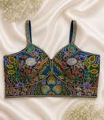 Navy blue silk bustier blouse with heavy sequin & resham embroidery