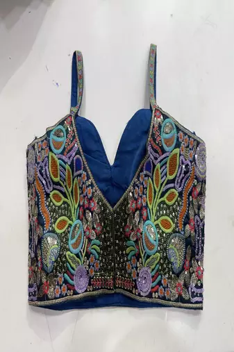 Navy blue silk bustier blouse with heavy sequin & resham embroidery