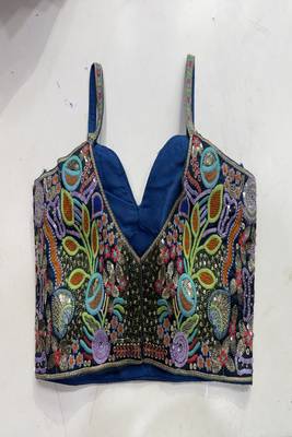 Navy blue silk bustier blouse with heavy sequin & resham embroidery 3