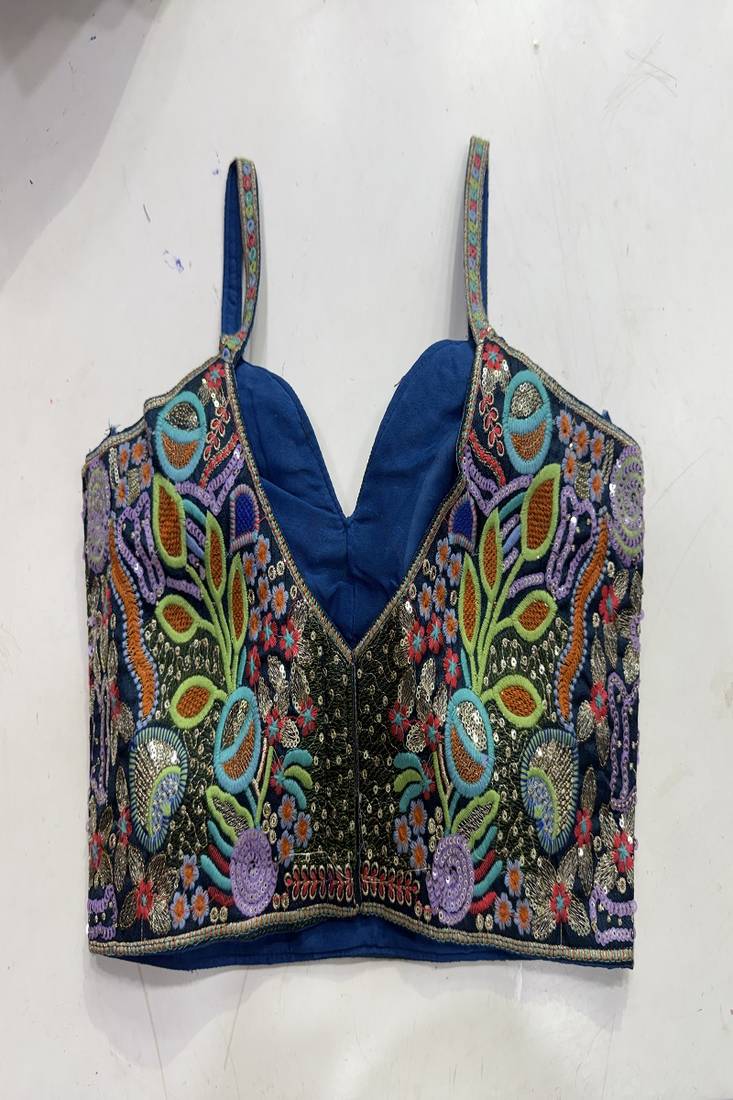 Navy blue silk bustier blouse with heavy sequin & resham embroidery