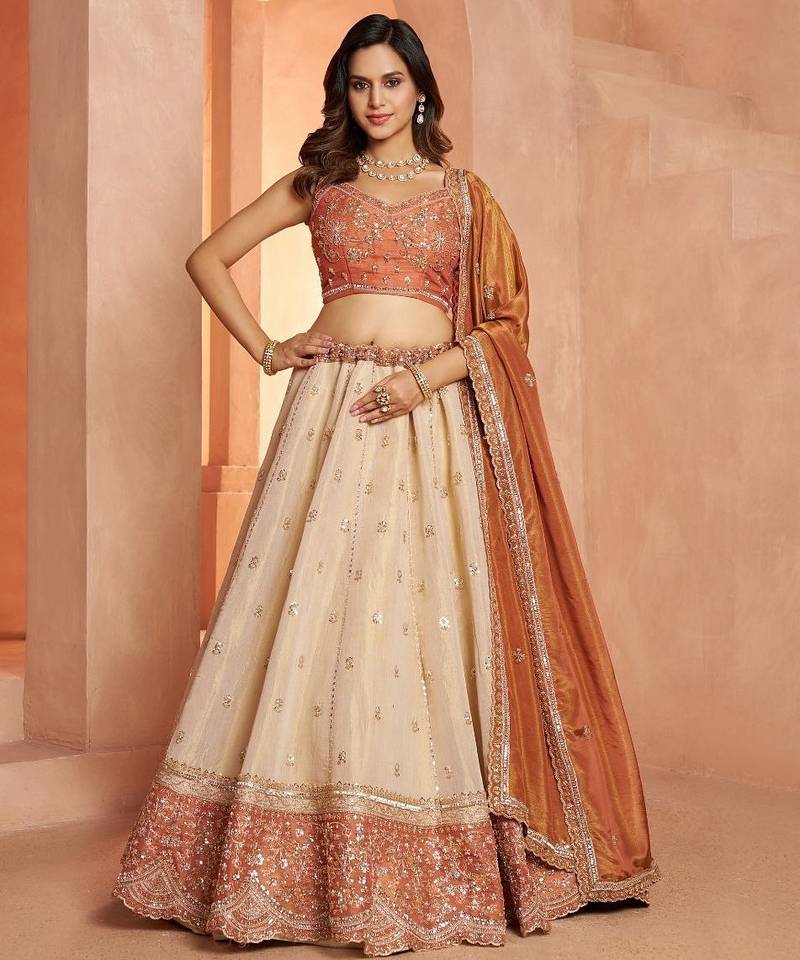 Dreamy Rust Cream Girlish Lehenga with Handcrafted Embellishments