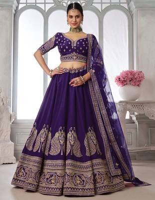 Designer Purple Silk Lehenga Choli with Embroidered Peacock Motifs 1
