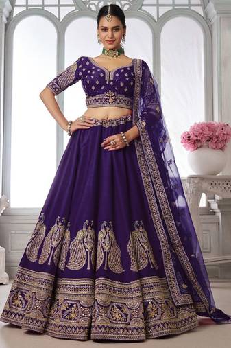 Designer Purple Silk Lehenga Choli with Embroidered Peacock Motifs