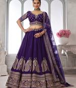 Designer Purple Silk Lehenga Choli with Embroidered Peacock Motifs