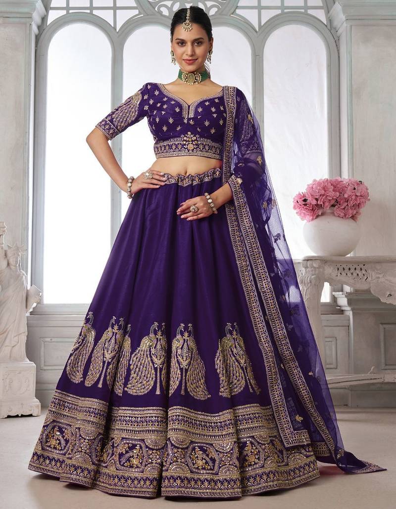 Designer Purple Silk Lehenga Choli with Embroidered Peacock Motifs