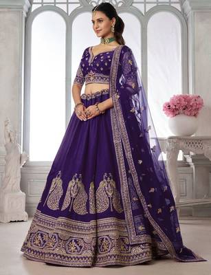 Designer Purple Silk Lehenga Choli with Embroidered Peacock Motifs 2