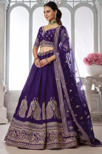 Designer Purple Silk Lehenga Choli with Embroidered Peacock Motifs