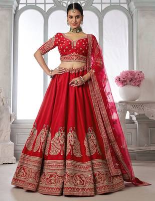 Premium Red Silk Lehenga Set with Peacock-Inspired Craftsmanship 1