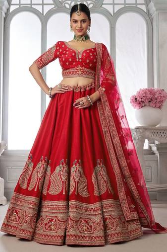 Premium Red Silk Lehenga Set with Peacock-Inspired Craftsmanship