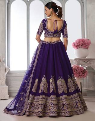 Designer Purple Silk Lehenga Choli with Embroidered Peacock Motifs 3