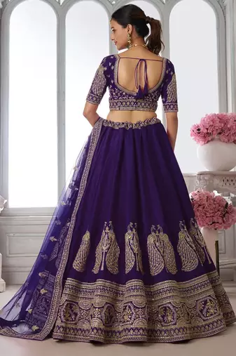 Designer Purple Silk Lehenga Choli with Embroidered Peacock Motifs