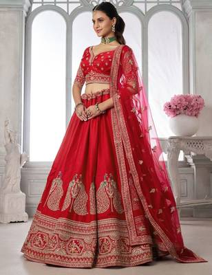 Premium Red Silk Lehenga Set with Peacock-Inspired Craftsmanship 2