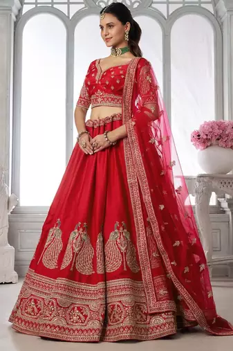 Premium Red Silk Lehenga Set with Peacock-Inspired Craftsmanship