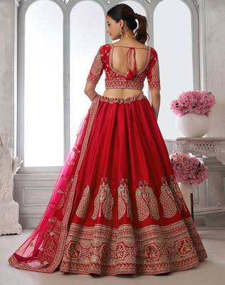 Premium Red Silk Lehenga Set with Peacock-Inspired Craftsmanship 3