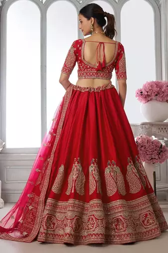 Premium Red Silk Lehenga Set with Peacock-Inspired Craftsmanship