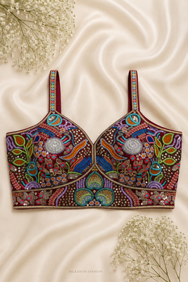 Maroon heavily embroidered crop top for sangeet/cocktail party | multi-color handwork 1