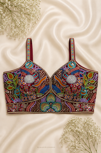 Maroon heavily embroidered crop top for sangeet/cocktail party | multi-color handwork