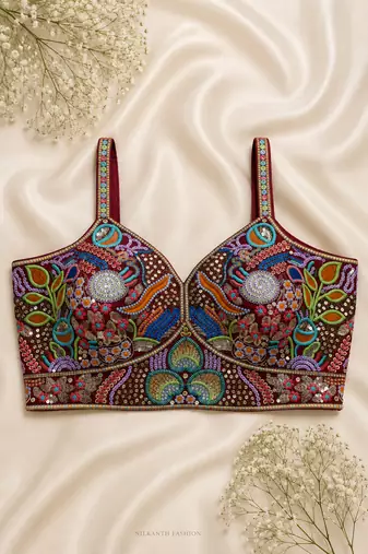 Maroon heavily embroidered crop top for sangeet/cocktail party | multi-color handwork