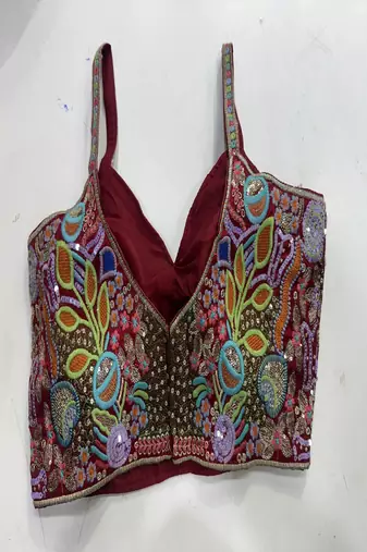 Maroon heavily embroidered crop top for sangeet/cocktail party | multi-color handwork