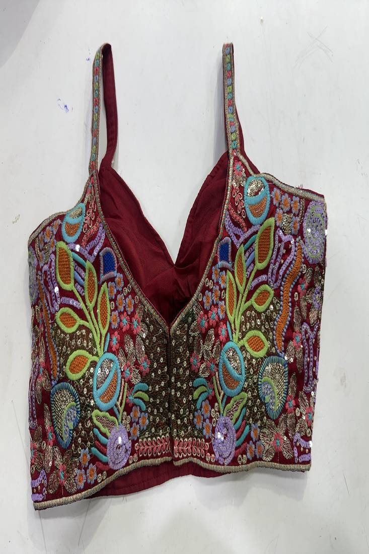 Maroon heavily embroidered crop top for sangeet/cocktail party | multi-color handwork