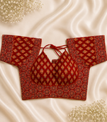 Red block print sweetheart neck blouse with back tie-up | festive saree top