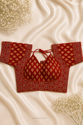 Red block print sweetheart neck blouse with back tie-up | festive saree top 2