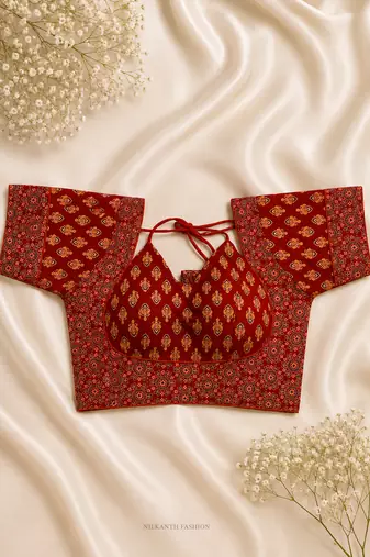Red block print sweetheart neck blouse with back tie-up | festive saree top