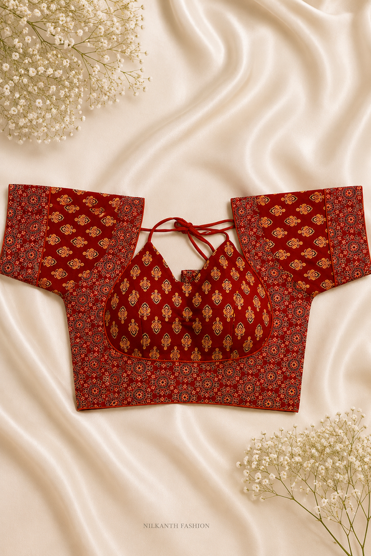 Red block print sweetheart neck blouse with back tie-up | festive saree top
