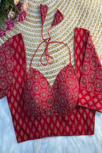 Red block print sweetheart neck blouse with back tie-up | festive saree top