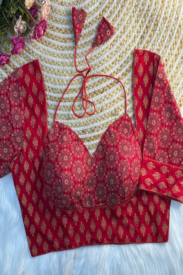 Red block print sweetheart neck blouse with back tie-up | festive saree top