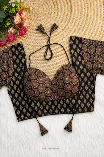 Purple block print sweetheart neck blouse with back tie-up | festive saree top