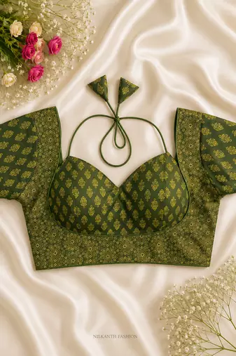 Dark green printed blouse with sweetheart neck & back dori