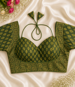 Dark green printed blouse with sweetheart neck & back dori