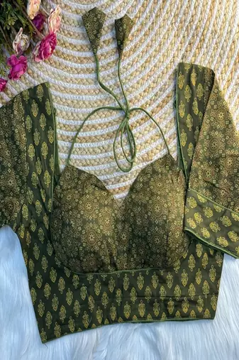Dark green printed blouse with sweetheart neck & back dori