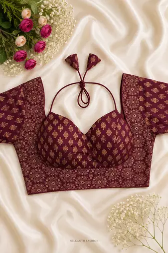 Maroon block print bustier blouse with sweetheart neck & back dori