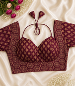 Maroon block print bustier blouse with sweetheart neck & back dori