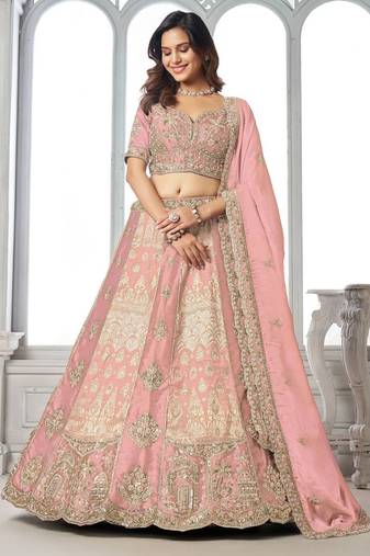 Designer Pink Raw Silk Lehenga with Intricate Embroidered Detailing